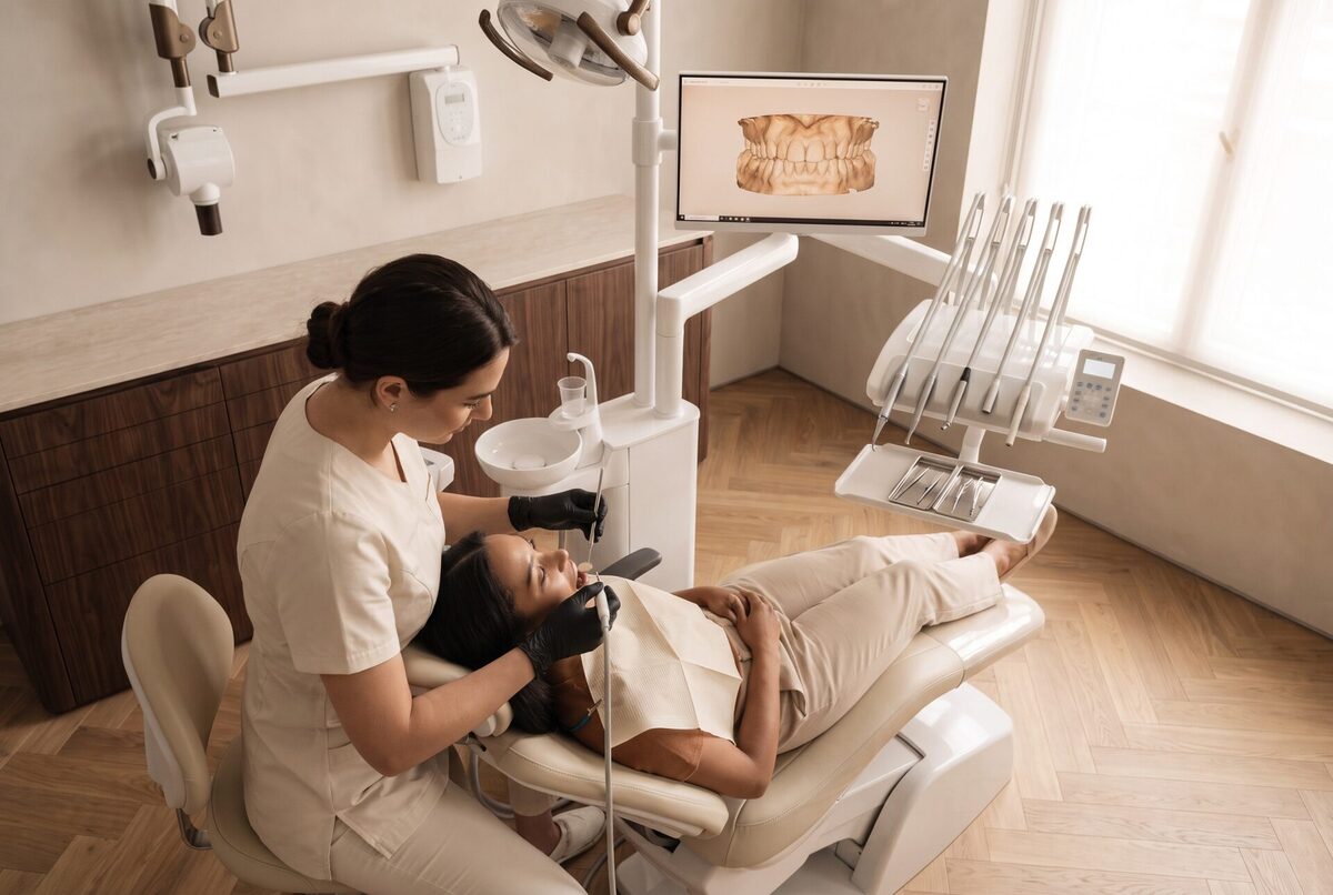 Clínica dentária com dentista a tratar paciente numa cadeira odontológica moderna bege