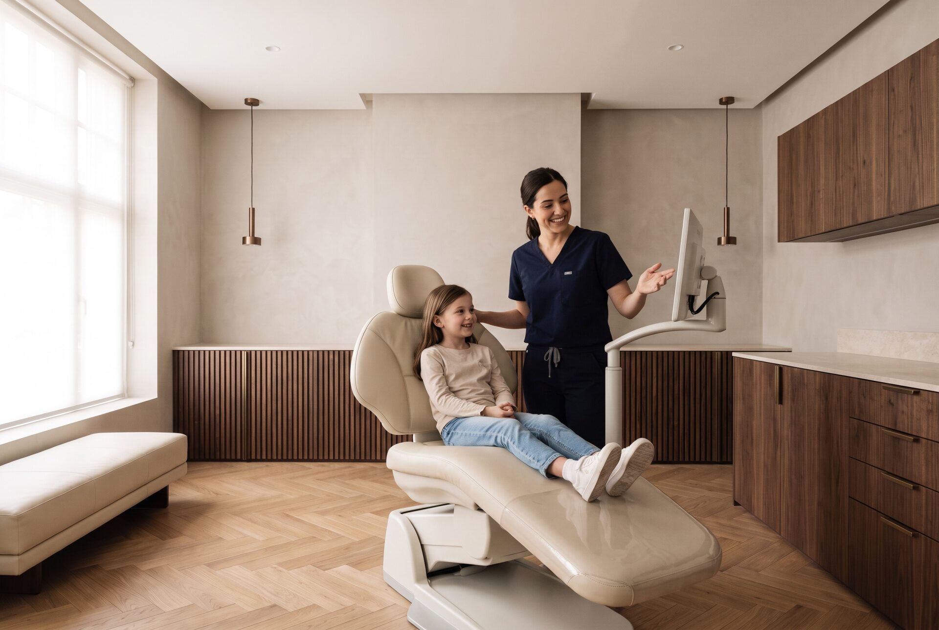 Tem um cheque dentista? Veja se pode usá-lo Cadeira de consultório médico ou dentário bege com jovem sentada e profissional de saúde em ambiente moderno
