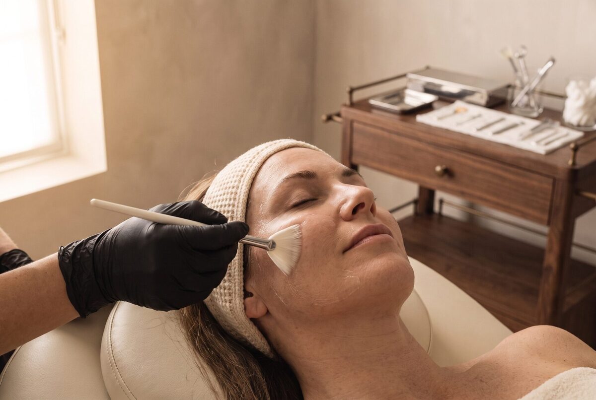 Mulher recebendo tratamento facial com pincel em ambiente de estética