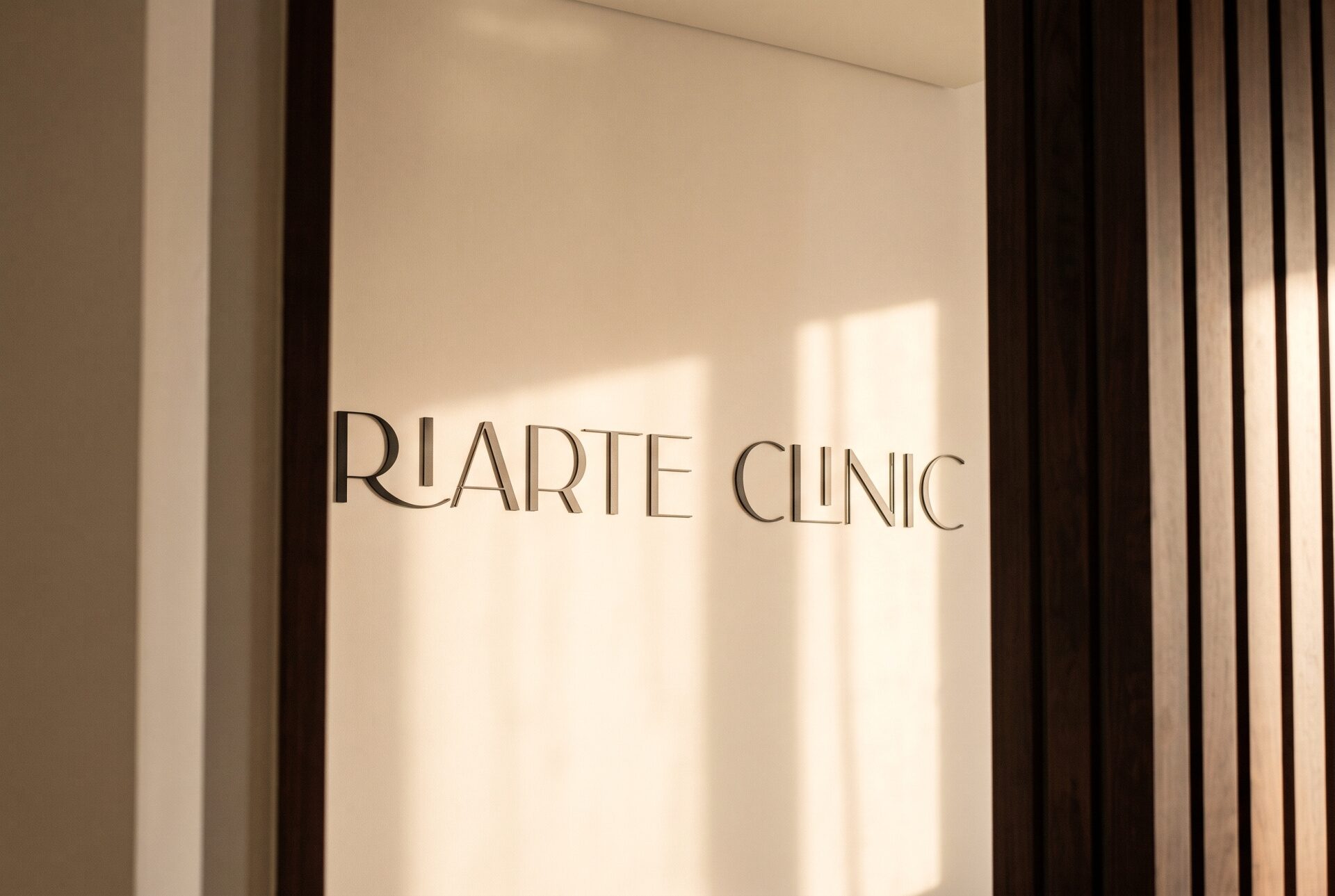 Letreiro Riarte Clinic em relevo na parede da cl&iacute;nica