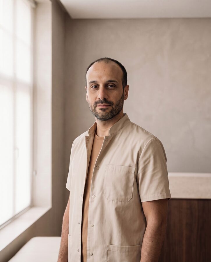 Dr. Nuno Matias Pereira, de bata clara, numa sala de paredes claras da Riarte Clinic