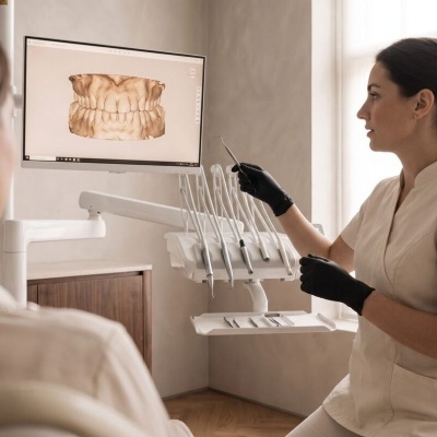 Consultório dentário com profissional e imagem digital de dentes no monitor.