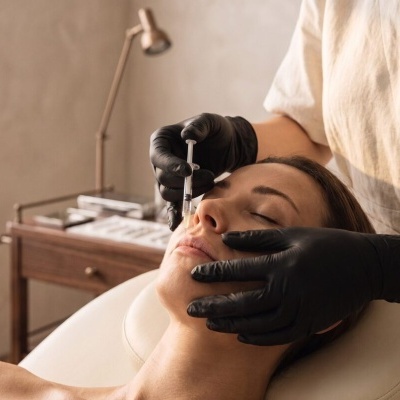 Mulher a receber injeção facial em ambiente de clínica estética