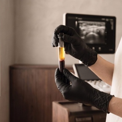 Mãos com luvas pretas a segurar tubo de ensaio com líquidos amarelo e vermelho em ambiente médico