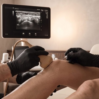 Mãos com luvas pretas usando sonda de ultrassom e agulha no joelho com ecrã de ultrassom ao fundo