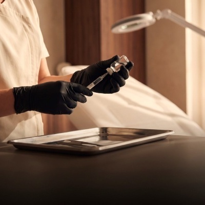 Profissional de saúde a preparar seringa com frasco de vidro e luvas pretas