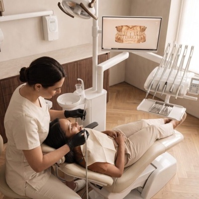 Clínica dentária com dentista a tratar paciente numa cadeira odontológica moderna bege