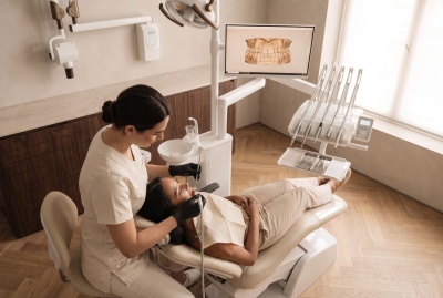 Consultório dentário com cadeira, instrumentos e monitor com modelo 3D de dentes