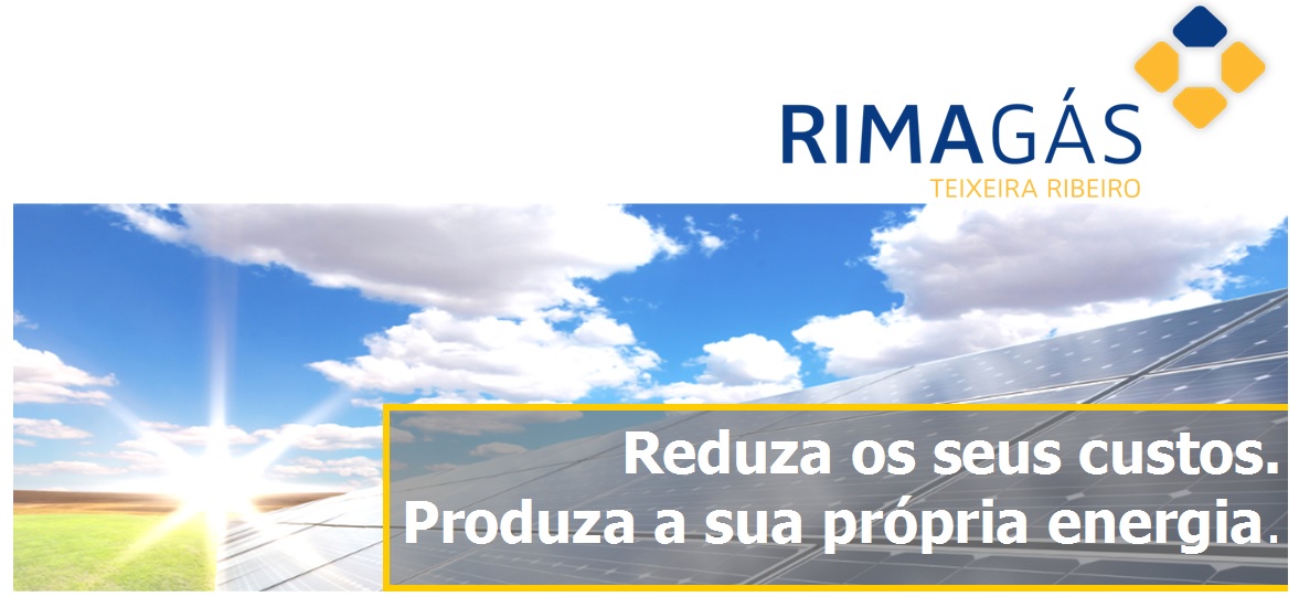 Imagem publicitária da RIMAGÁS com painéis solares e texto em português sobre energia