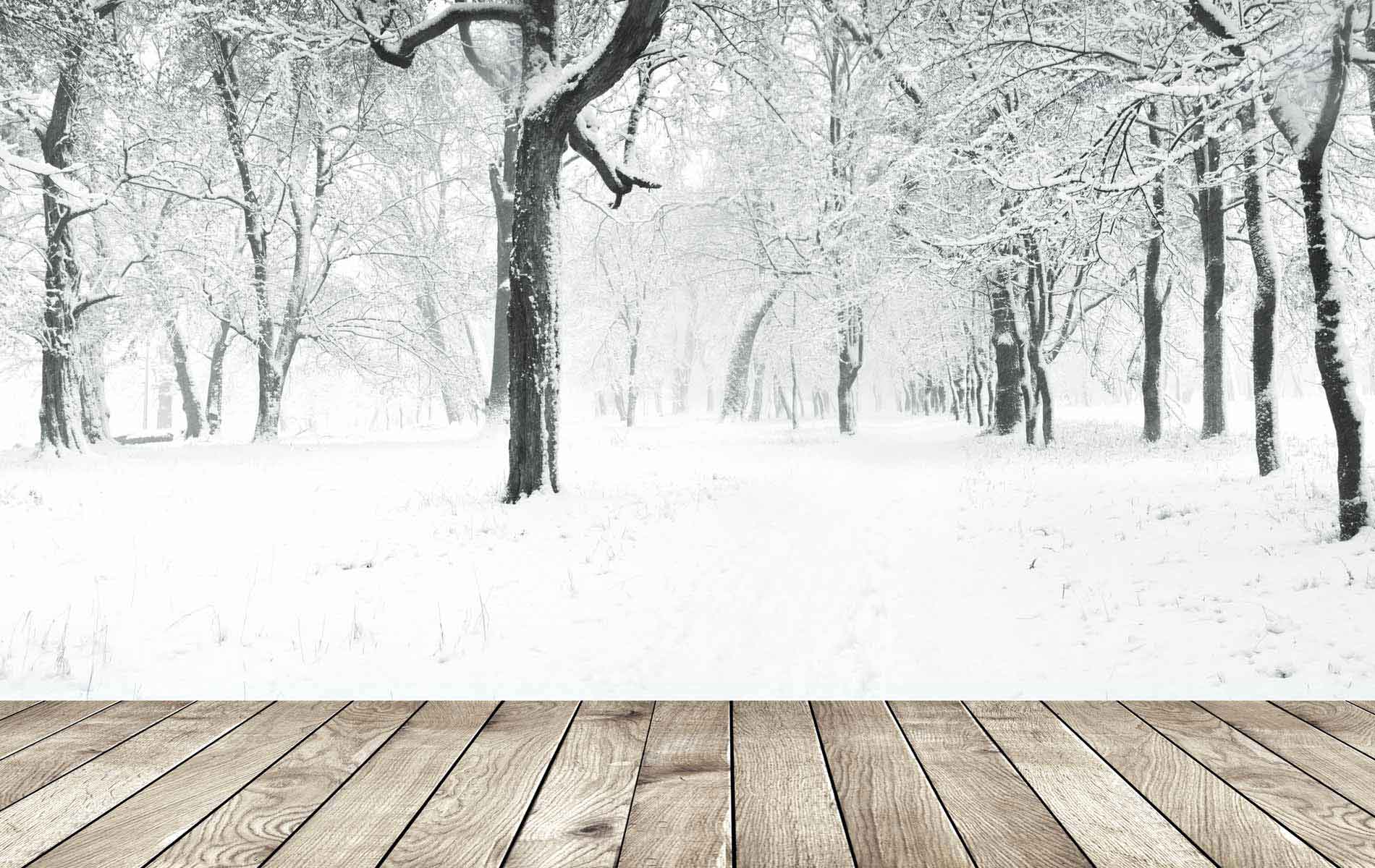 Cenário de inverno com árvores e chão nevados e chão de madeira no primeiro plano