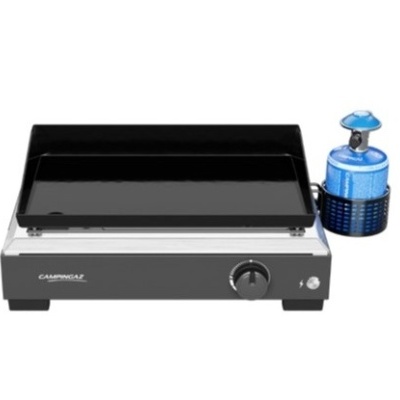 Chapa de grelhar a gás Campingaz cinzenta com grelha preta e botija de gás azul