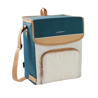 Mala térmica azul, bege e creme com alça e bolso frontal