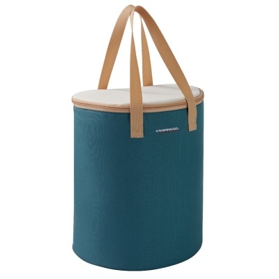 Saco térmico azul com tampa bege e alças castanhas com o texto CAMPINGAZ.
