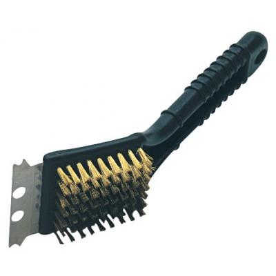 Escova de limpeza com cabo preto, cerdas douradas e lâmina metálica