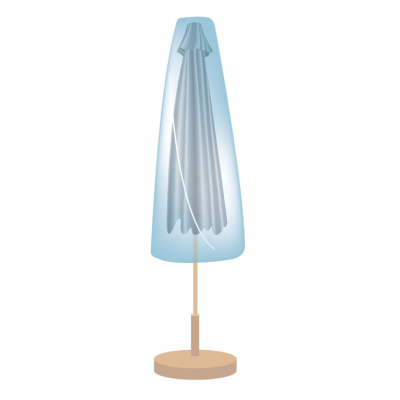 Guarda-sol azul claro fechado com base de madeira