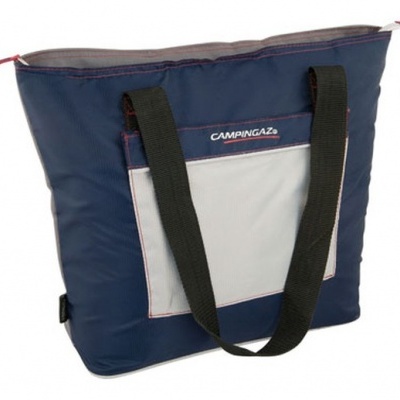 Mala de ombro azul com bolso cinzento e alças pretas