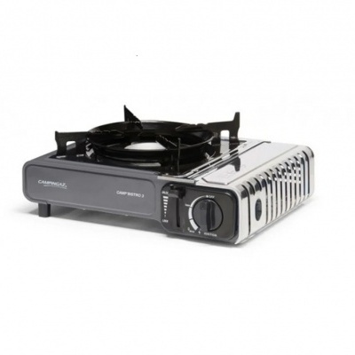 Fogão portátil a gás preto e metal com botões frontais