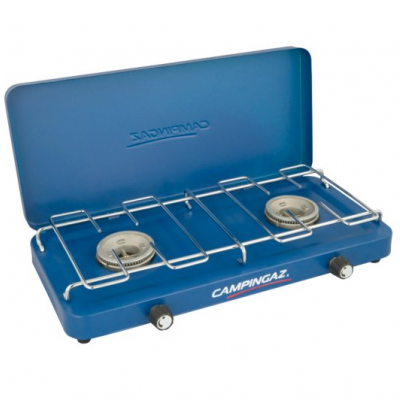 Fogão portátil de mesa a gás azul com duas bocas e grelha metal cromada