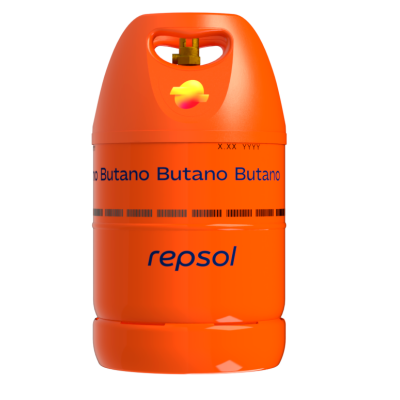 Botija de gás butano laranja com texto azul e válvula dourada no topo