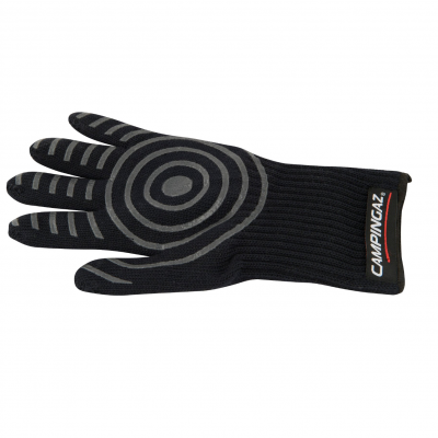 Luva preta de malha com padrão antiderrapante cinza e etiqueta CAMPINGAZ