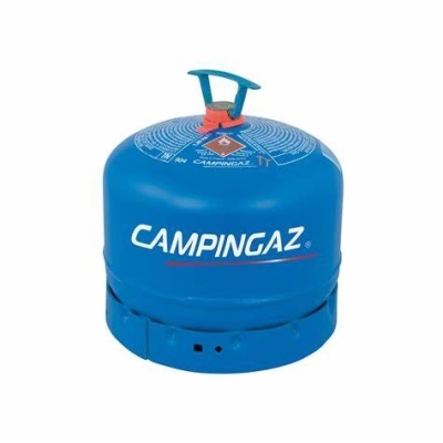 Botija de gás azul CAMPINGAZ com válvula vermelha no topo.