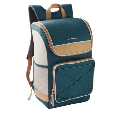 mochila térmica azul e bege Campingaz com bolso frontal e alças ajustáveis