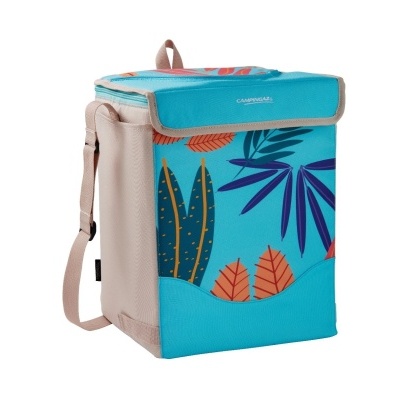 Mala térmica azul com padrão de folhas coloridas e alça bege