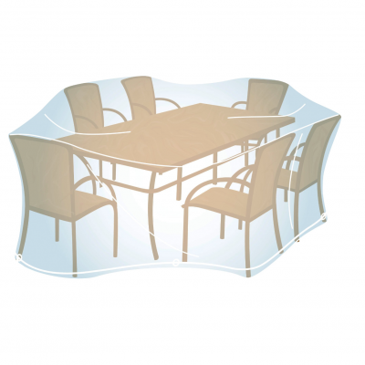 Conjunto de mesa e seis cadeiras de jardim sob capa protetora transparente