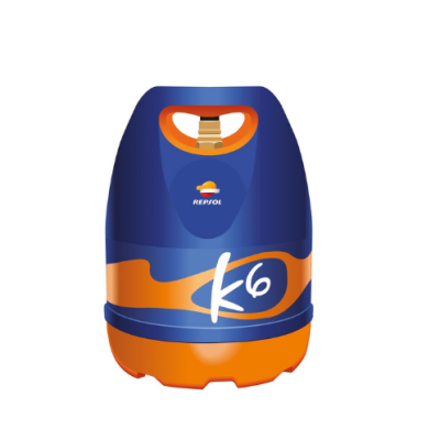Botija de gás azul e laranja com logo REPSOL e texto k6