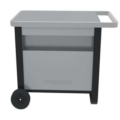 Carrinho de transporte cinzento e preto com rodas e puxador