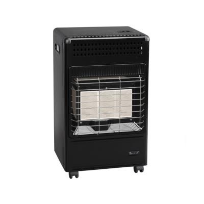 Aquecedor portátil a gás preto com grelha metálica frontal e rodas na base