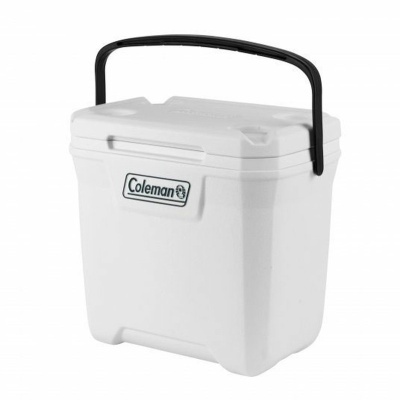 Caixa térmica branca com pega preta e logótipo Coleman