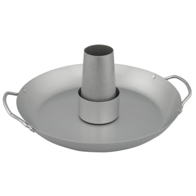 Frigideira de metal cinzento com tubo central e cabos laterais