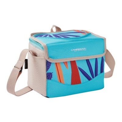 Bolsa térmica azul com padrões de folhas coloridas e alças bege