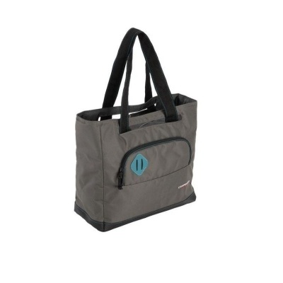 Mala cinzenta com alças pretas e bolso frontal azul