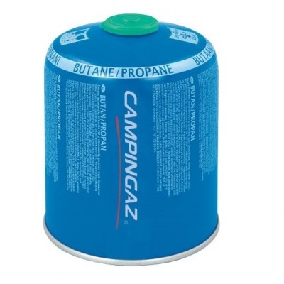 Lata de gás azul com tampa verde e texto branco