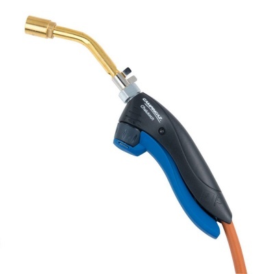 Maçarico com corpo preto e azul, bocal metálico dourado curvo, cabo laranja e texto Campingaz® CRYOSPEED