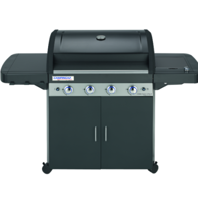 Churrasqueira a gás preta com quatro botões e duas portas inferiores