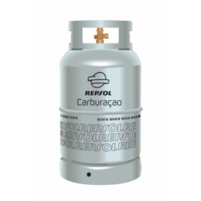 Botija de gás cinzenta com logótipo Repsol e texto Carburação