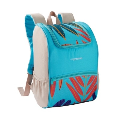 Mochila térmica azul com estampado colorido e alças bege