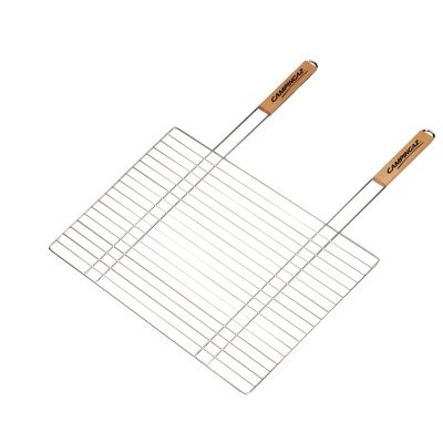 Grelha de churrasco metálica com pegas de madeira e texto Campingaz