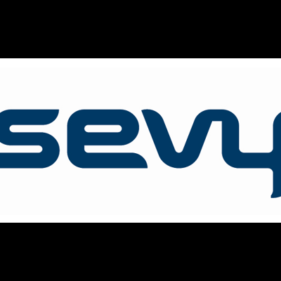 Logótipo azul da marca Sevylor com símbolo abstrato