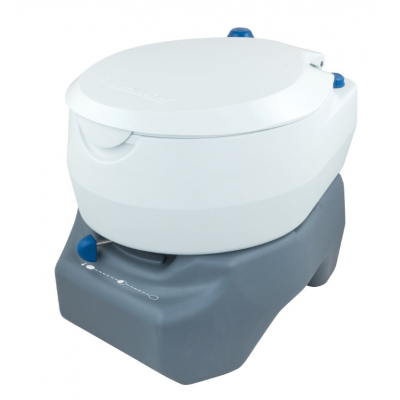 Banheiro portátil branco e cinzento com botões azuis