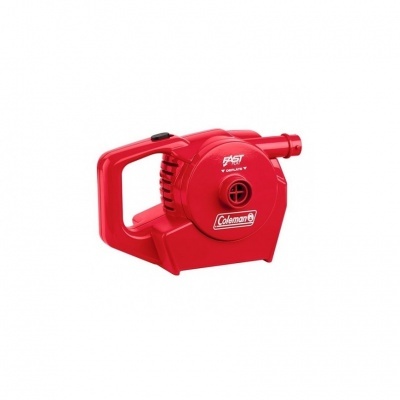 Soprador de folhas vermelho Coleman com pega e texto FAST e Coleman