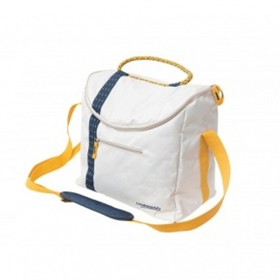 Mala branca com detalhes amarelos e azul em fundo branco