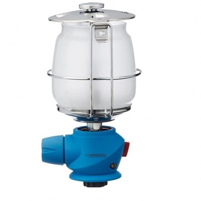 Lâmpada de gás portátil com base azul e cúpula branca