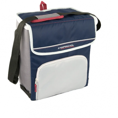 Mala térmica azul e cinza com alça preta e bolso frontal