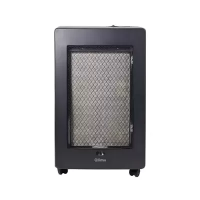 Aquecedor portátil preto com grelha metálica e rodas