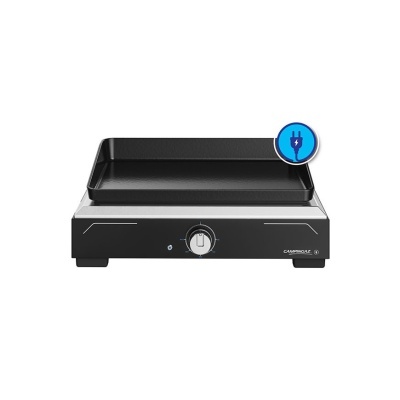 Chapa elétrica preta com grelha retangular e botão de controlo central