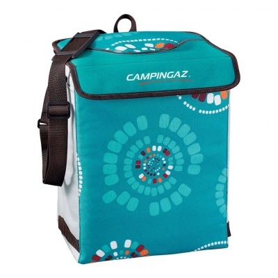 Mochila térmica azul com padrão circular colorido e logótipo CAMPINGAZ
